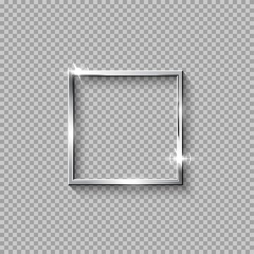 Silver square frame for picture on transparent background. Blank space for picture, painting, card or photo. 3d realistic modern template vector illustration. Simple chrome object mockup