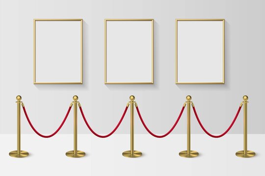 Golden frames for picture with gold stanchions barrier. Mock up template for famous painting vector illustration. Realistic scene with fence and wall indoor on white background