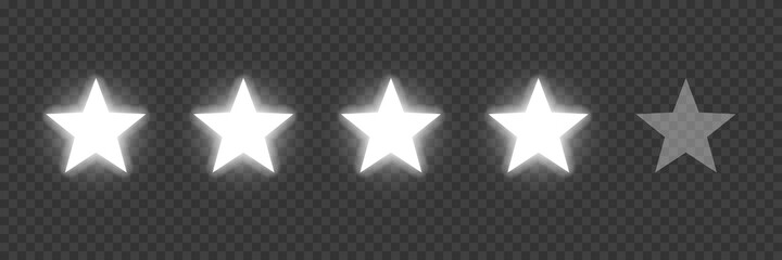 Five silver award stars on transparent background. White neon prize elements. Champion glory in competition vector illustration. Hollywood fame in film and cinema or championship in sport