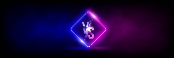 Versus VS sign in neon rhombus frame in fog background. Laser glowing pink and blue lines with soft light effect. Vector illustration of realistic mockup, template for game design, retrowave style. - obrazy, fototapety, plakaty