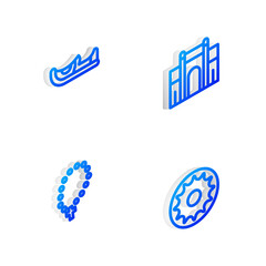 Set Isometric line India Gate in Delhi, Indian shoes, Rosary beads religion and Chakra icon. Vector