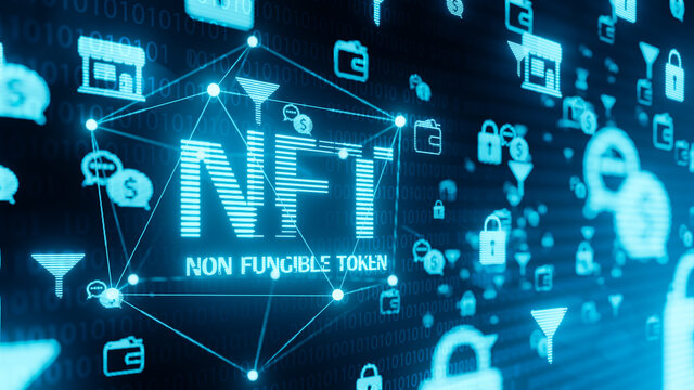NFT non fungible token digital online cryptocurrency blockchain businessman concept, pay unique trading token collection vector art illustration computer infographic graphic 3d render blue background