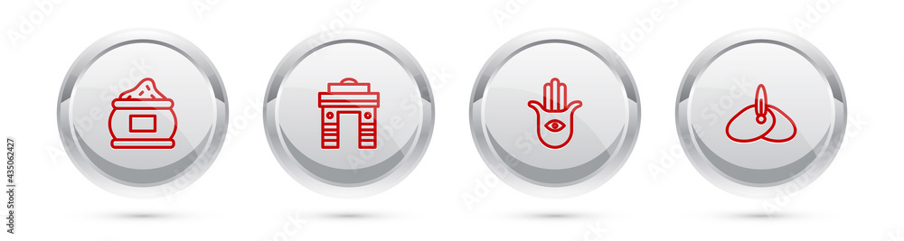 Poster set line indian spice, gate in delhi, hamsa hand and headgear turban. silver circle button. vector