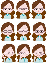 めがね女性の表情別イラスト
