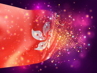Obraz na płótnie Canvas Hong Kong, vector 3d flag on pink purple background with lighting and flares