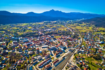 Town of Ogulin and Klek mountain aerial panoramic view