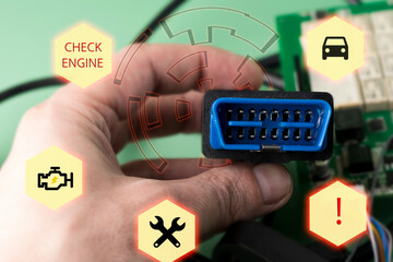 Car Service Manager with car diagnostic error scanner OBD2 plug. Tablet Computer machine tool....