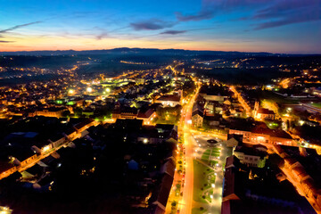 Colorful medieval town of Krizevci historic center aerial night view