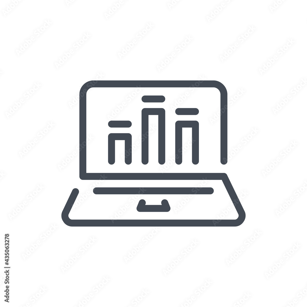Poster laptop with chart line icon. computer with online statistics and analytics vector outline sign.