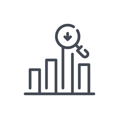 Falling market chart with magnifier and arrow down line icon. Histogram and diagram goes down vector outline sign.
