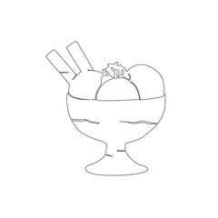 One continuous line drawing of ice cream in a bowl. Ice cream with cherry in plate freehand drawn silhouette illustration. Vector line art isolated on white background