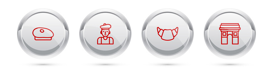 Set line French beret, man, Croissant and Triumphal Arch. Silver circle button. Vector