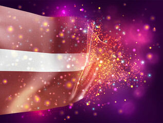 Latvia, vector 3d flag on pink purple background with lighting and flares