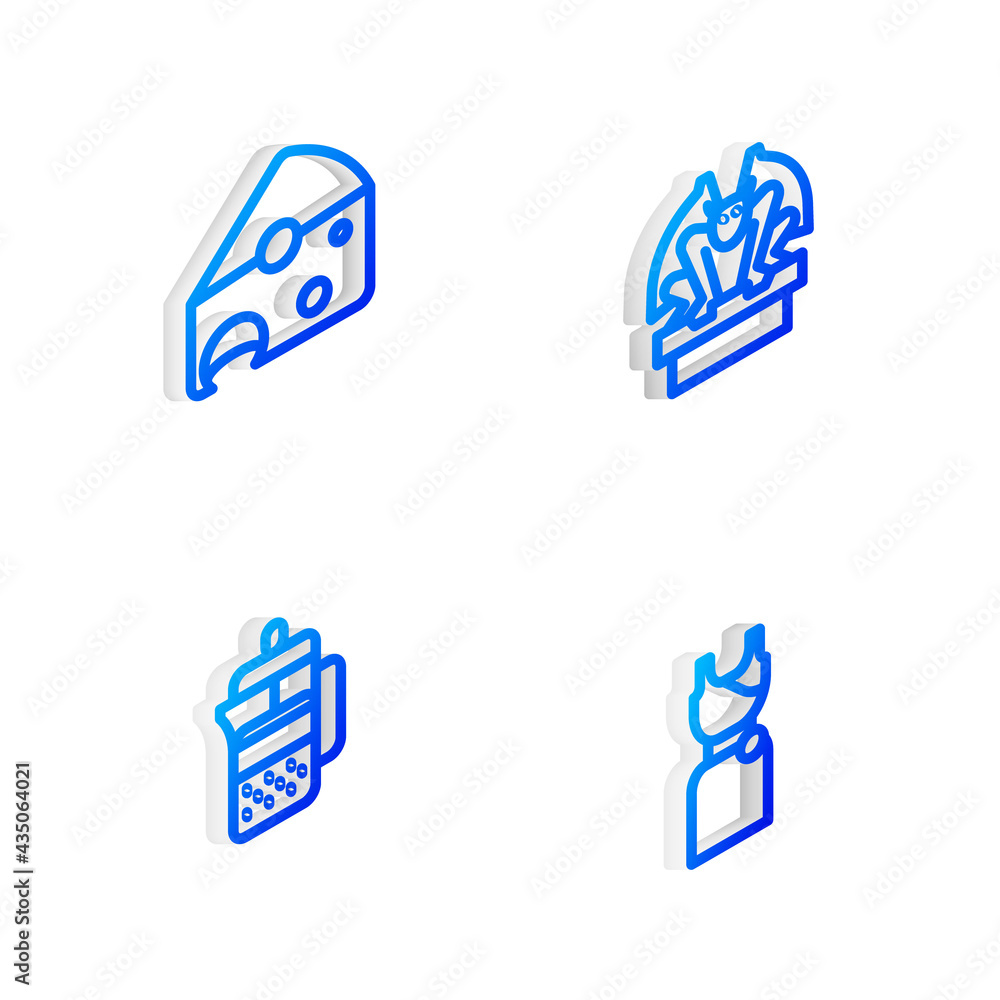 Sticker set isometric line gargoyle on pedestal, cheese, french press and woman dress icon. vector