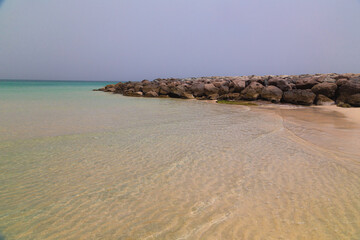 Beach. Blue sea and white sand. Summer time. Seacost