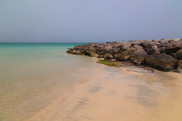 Beach. Blue sea and white sand. Summer time. Seacost