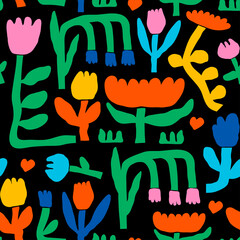 Abstract plants. Simple Various branches, Flowers and Leaves. Hand drawn colored Vector Seamless Pattern. Background. Floral design, Naive art, Infantile Style Art. Colorful trendy illustration