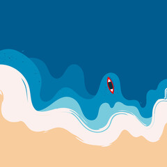 Aerial view of ocean waves reaching the coastline. Red Boat silhouette. Beach, sand, sea shore with blue waves. Top view overhead seaside. Hand drawn Vector illustration