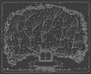  Family tree printable vector artwork. Old paper generation map with photo frame and a ribbon. Download it now