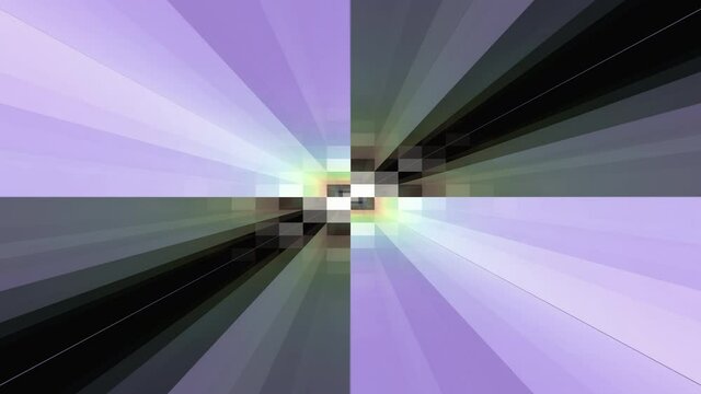 3D rendering of a camera going through a colorful room with reflective walls of straight and square lines creating a psychedelic corridor of colored pictures ending in the background wall