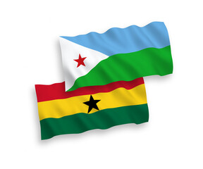 Fototapeta premium National vector fabric wave flags of Republic of Djibouti and Ghana isolated on white background. 1 to 2 proportion.