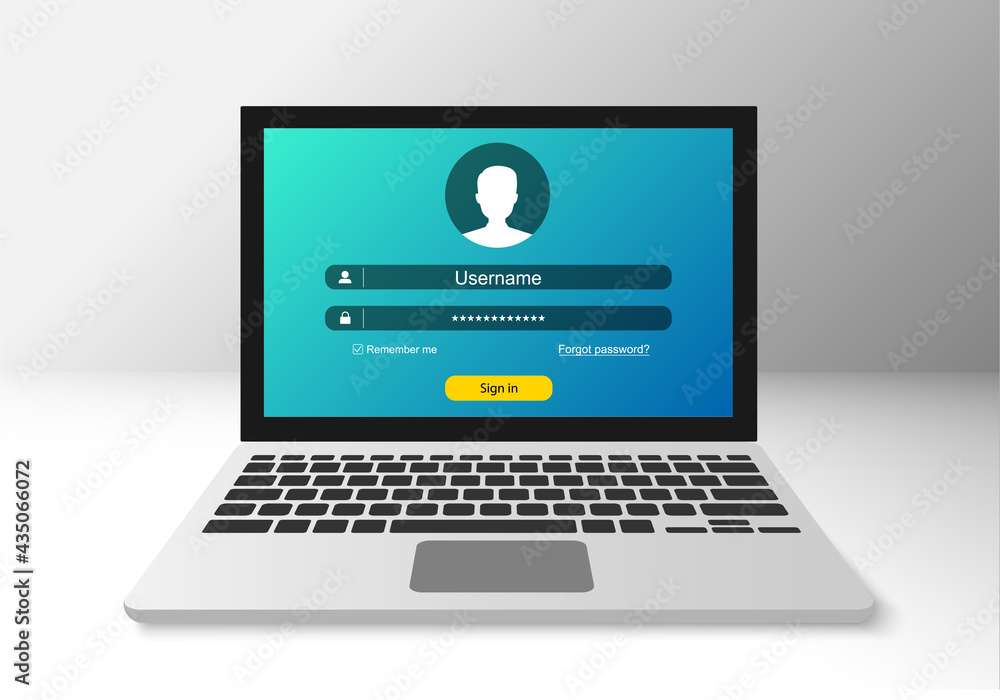 Poster sign in form on laptop screen. laptop with sign in and password page. username and password fields. 