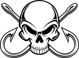 human skull with crossing fishing hooks