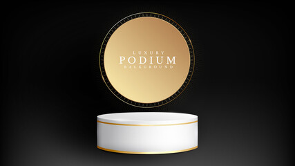 Realistic white product podium with golden circle round. Luxury 3d style background concept. Vector illustration for promoting sales and marketing.
