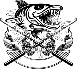 crossed fishing rod and reels, barracuda and banner
