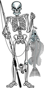 skeleton fisherman catching skeleton fish