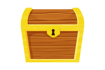 Wooden closed chest with golden decorations in cartoon style isolated on white background. Ui game asset, element, clip art. Antique container for treasure.