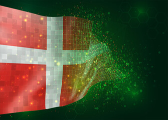 Denmark, on vector 3d flag on green background with polygons and data numbers