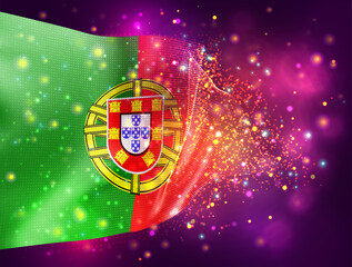 Portugal, vector 3d flag on pink purple background with lighting and flares