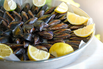 Turkish style street food stuffed mussels midye dolma with lemons