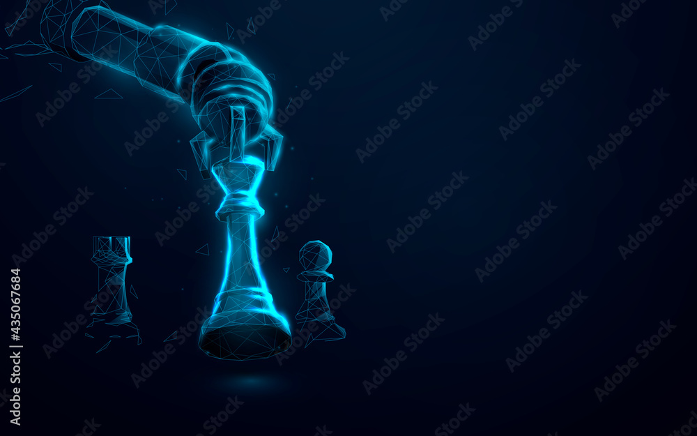 Leinwandbilder Robot arm playing chess. Artificial Intelligence, AI. Low poly, lines, triangles and particle style design. Vector illustration