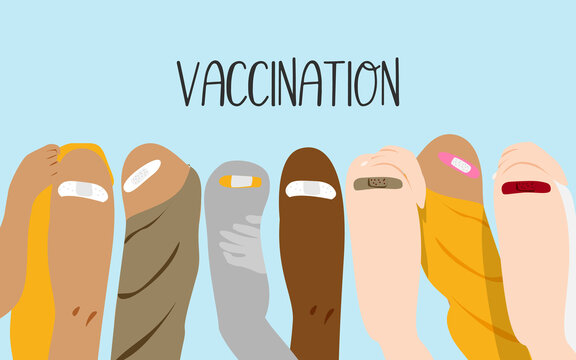 People Received A Vaccine With A Bandage On The Upper Arm. Immunization, Covid Vaccine. Vector Illustration