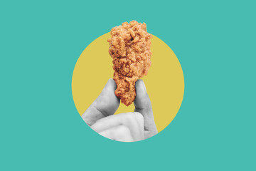 Digital collage modern art. Hand holding fries chicken drumstick