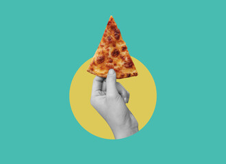 Digital collage modern art. Hand holding slice of cheese pizza