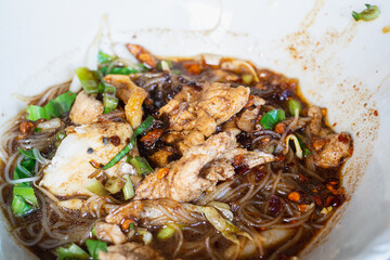 Noodles with pork and meatballs with soup Thai style. It calls Boat Noodles.