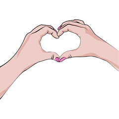 Obraz premium Womans hands in heart shape on white background. Template for card, copyspace for text. Vector illustration.