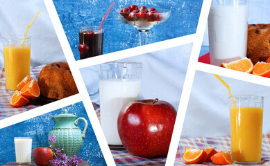 Collage of delicious food, juice and milk