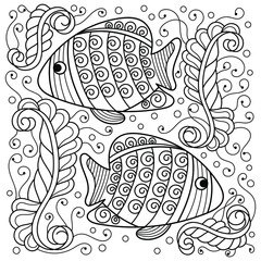 Coloring book for adults , underwater. Marine vector motif . Doodles of the underwater world, sea, ocean, river . Two fish and stylized underwater plants, Monochrome. Aquariums.