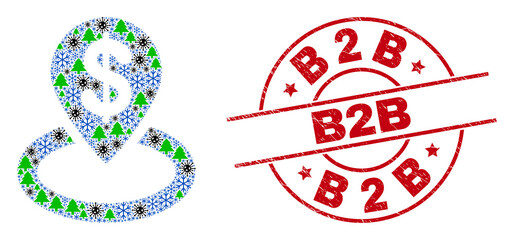 Winter Covid-2019 combination bank location, and textured B2B red round stamp seal. Collage bank location is designed of virus, green tree, and snow flake symbols.