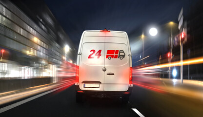 24 hours express delivery van courier service by night in the city on the road fast. 24 hours service.  - obrazy, fototapety, plakaty