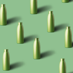 Pattern made with transparent glass bottle with shadow on green pastel backdrop. Minimal summer...