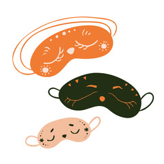 Vector hand drawn cute orange, green and beige baby sleeping masks. Vector illustration isolated on white background