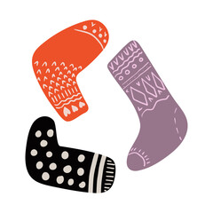 Funny multicolored trendy pattern socks. Hand drawn vector illustration isolated on white background