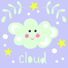 Drawing of a cute happy cloud. Cartoon style. Hand drawn vector illustration. Design for T-shirt, textile and prints.

