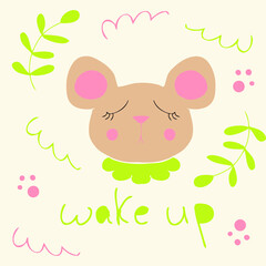 Wake up! Portrait of a cute sleeping mouse. Cartoon style. Hand drawn vector illustration. Design for T-shirt, textile and prints.