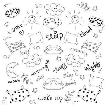 Time to go to sleep doodle elemens: pillows, sleep masks, moon, stars, sun, clouds. Perfect for scrapbooking, greeting card, poster, tag, sticker kit. Hand drawn vector illustration.
